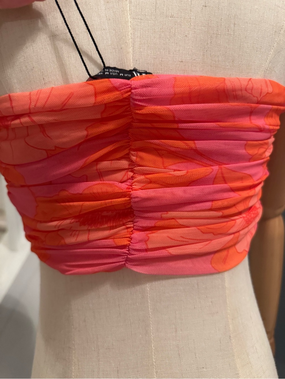 Zara strapless vibrant crop top with an orange and pink floral print. - Picture 3 of 4